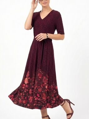 MSK Burgundy Floral Short Sleeve Midi Jersey Dress Size M Belted V-Neck